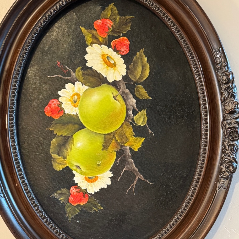 Vintage Ornate Oval Framed Original Oil Painting Apple Strawberry Fruit Floral - Picture 3 of 17